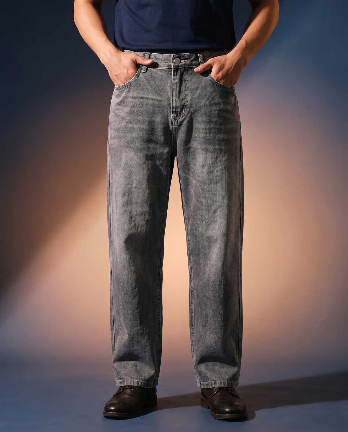 Men's Washed Vintage Jeans in Gray on model, going out pants