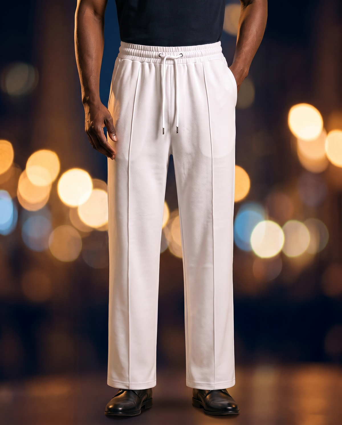 Men's Knit Straight-Leg Trousers in White on model, going out pants