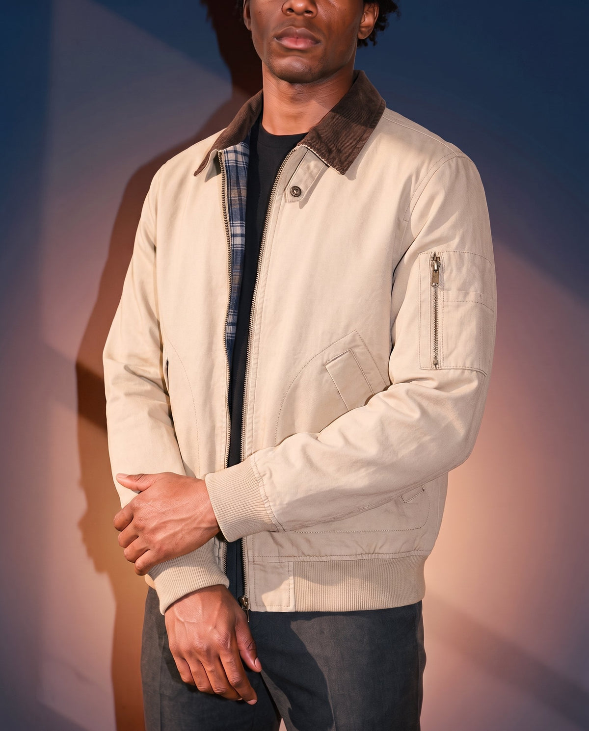 Men's Washed Cotton Flight Jacket in Beige on model, affordable men's jacket