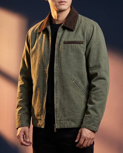 Men's Washed Lapel Work Jacket in Army Color on model, affordable men's jacket
