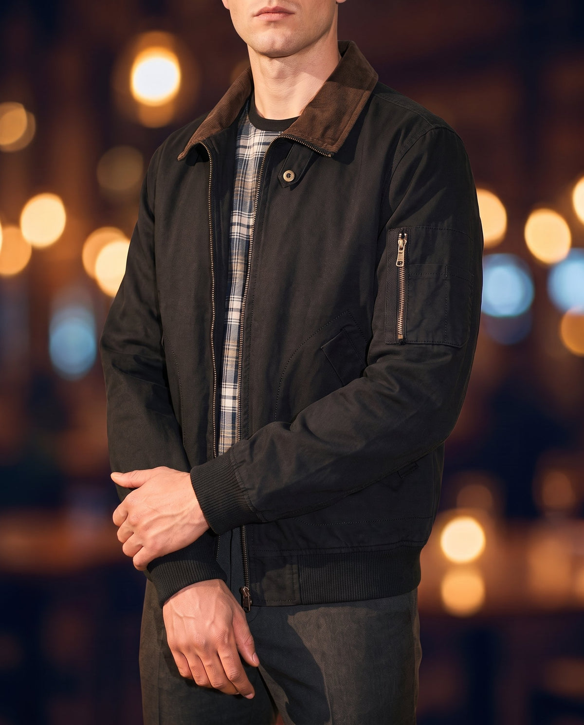 Men's Washed Cotton Flight Jacket in Black on model, affordable men's jacket