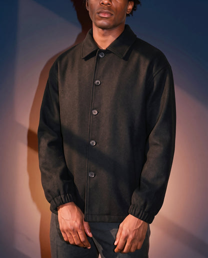 Men's Relaxed Wool Coat in Black on model, affordable men's jacket