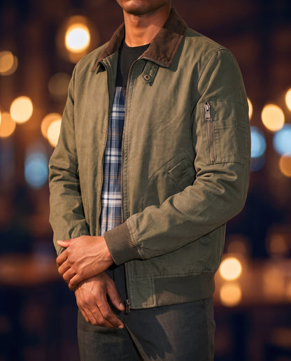 Men's Washed Cotton Flight Jacket in Army Green on model, affordable men's jacket