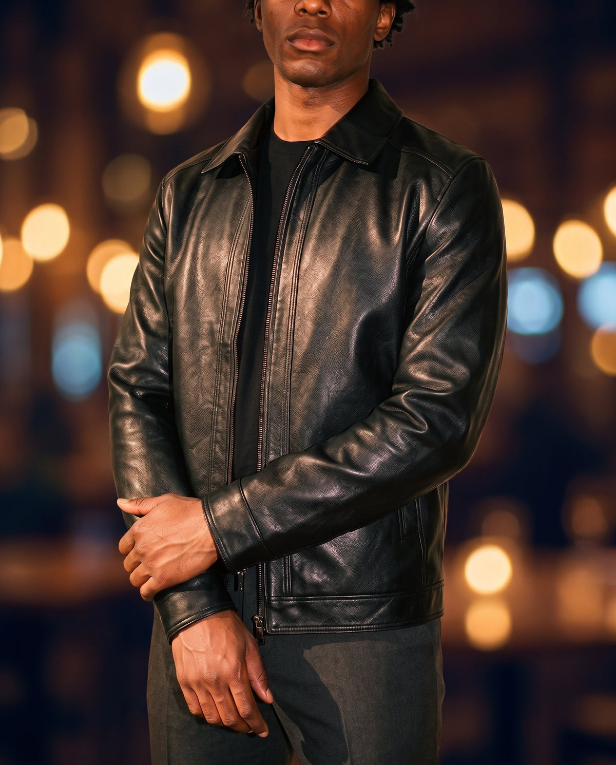 Men's Faux Leather Biker Jacket in Black on model, affordable men's jacket