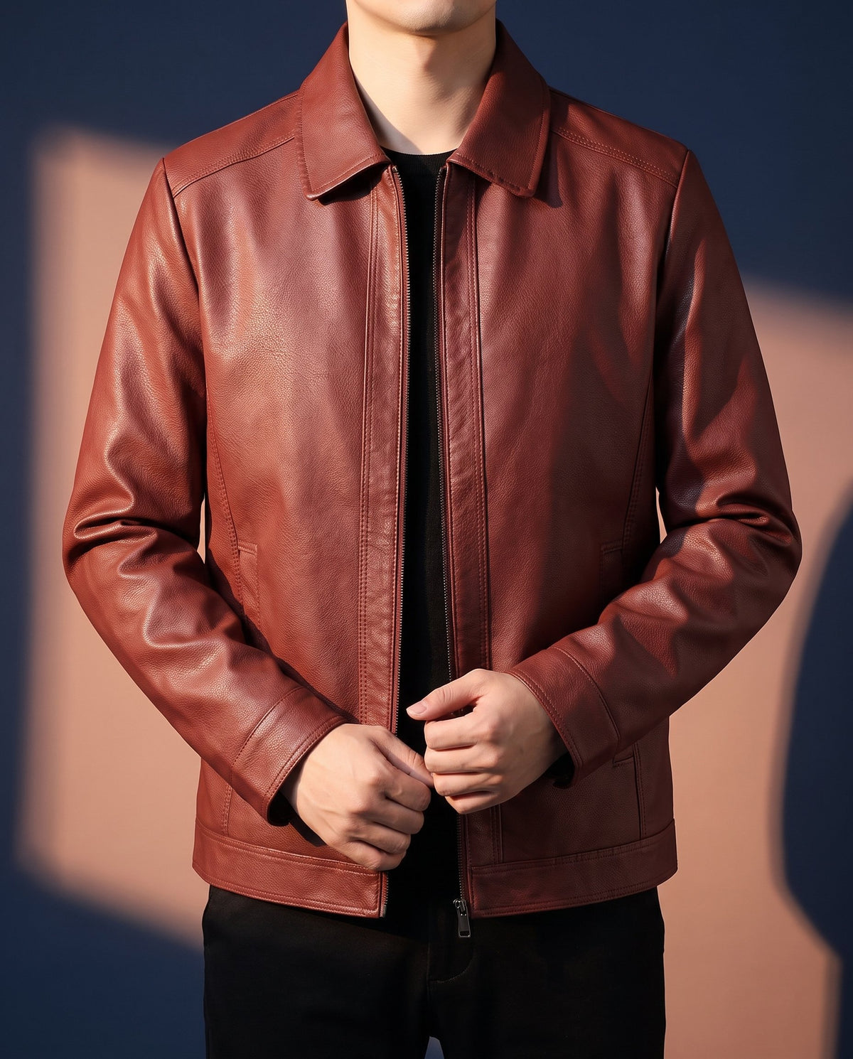 Men's Faux Leather Biker Jacket in Brick Red on model, affordable men's jacket