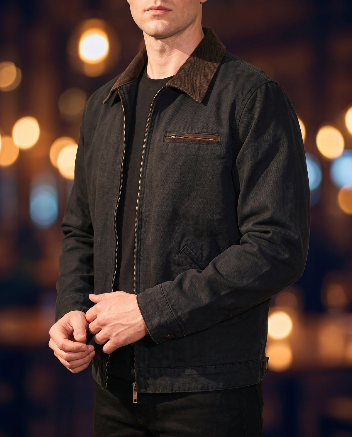 Men's Washed Lapel Work Jacket in Black on model, affordable men's jacket