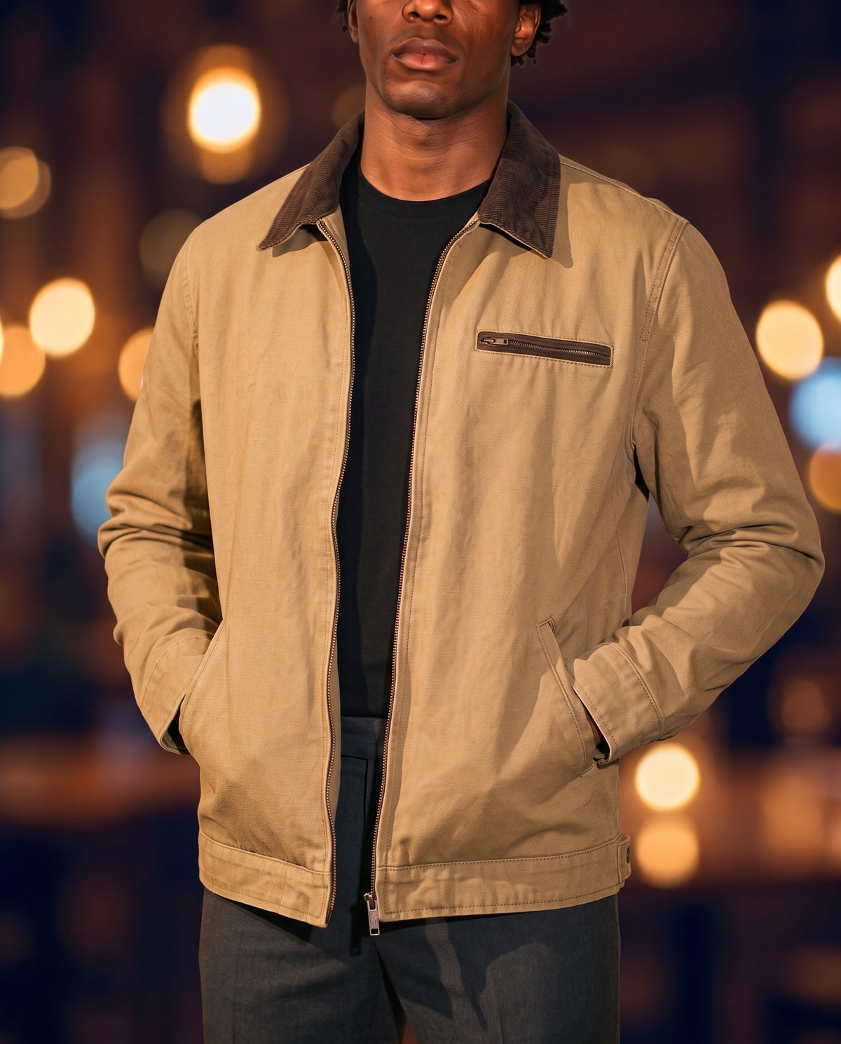 Men's Washed Lapel Work Jacket in Khaki on model, affordable men's jacket