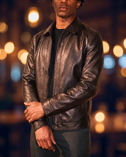 Men's Faux Leather Biker Jacket in Coffee on model, affordable men's jacket