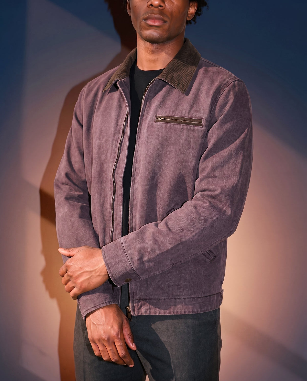 Men's Washed Lapel Work Jacket in Dark Purple on model, affordable men's jacket