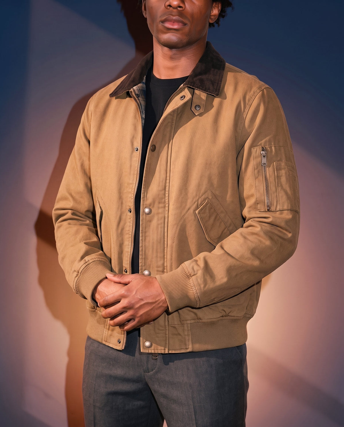 Men's Washed Cotton Flight Jacket in Camel on model, affordable men's jacket
