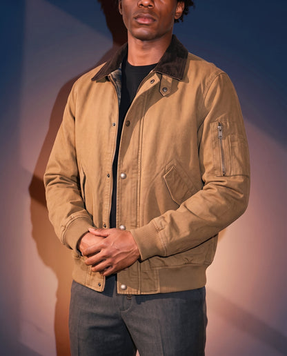 Men's Washed Cotton Flight Jacket in Camel on model, affordable men's jacket
