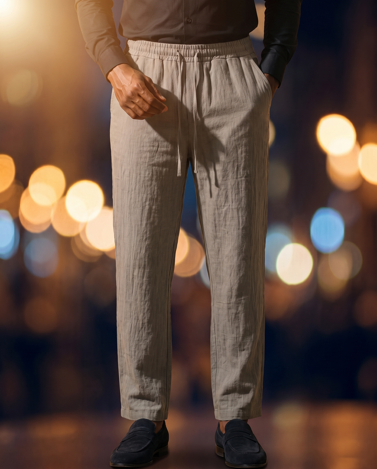 Men's Linen Drawstring Trousers in gray on model, going out pants