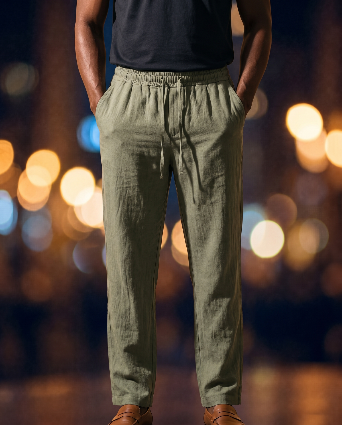 Men's Linen Drawstring Trousers in Military green on model, going out pants
