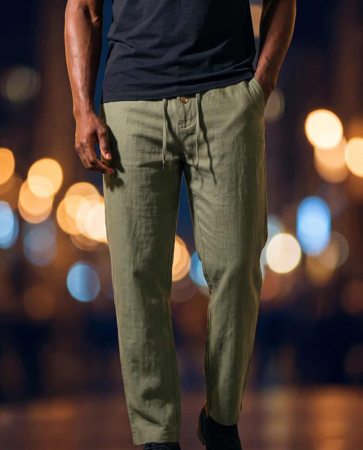 Men's Button-Detail Linen Pants in Military green on model, going out pants