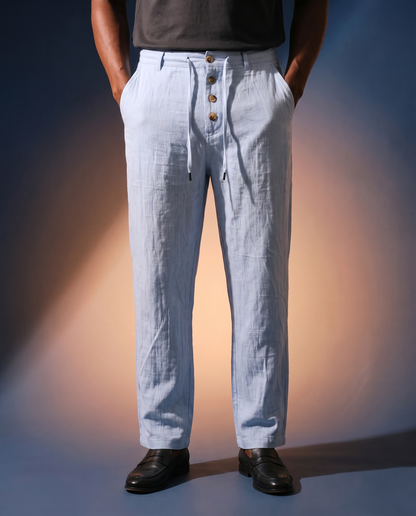 Men's Button-Detail Linen Pants in Light blue on model, going out pants