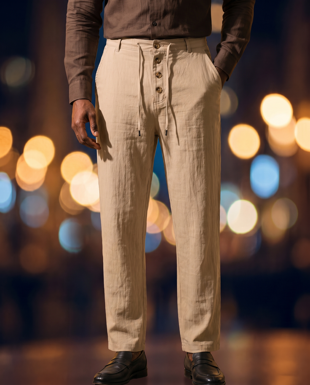 Men's Button-Detail Linen Pants in Khaki on model, going out pants