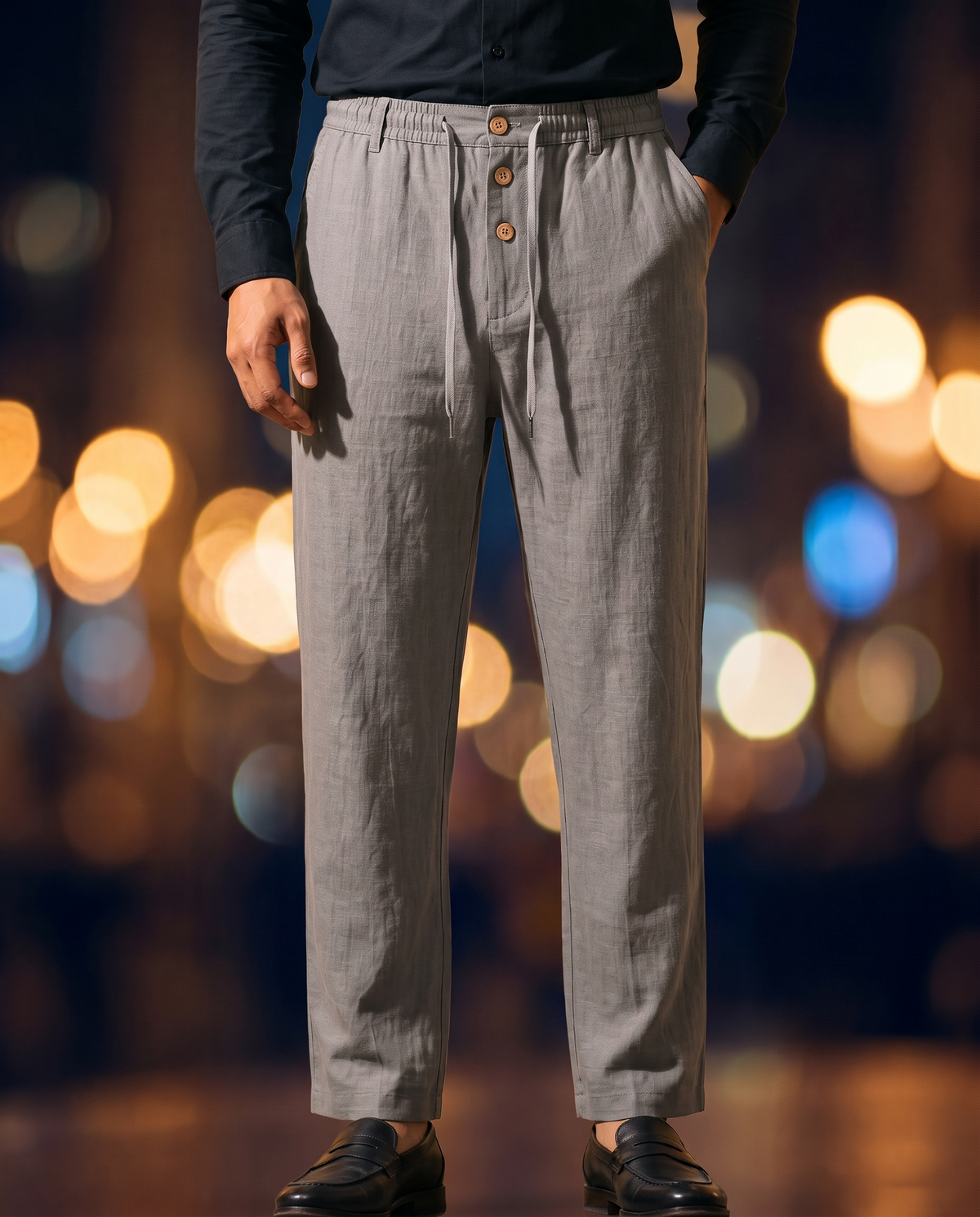Men's Button-Detail Linen Pants in Gray on model, going out pants