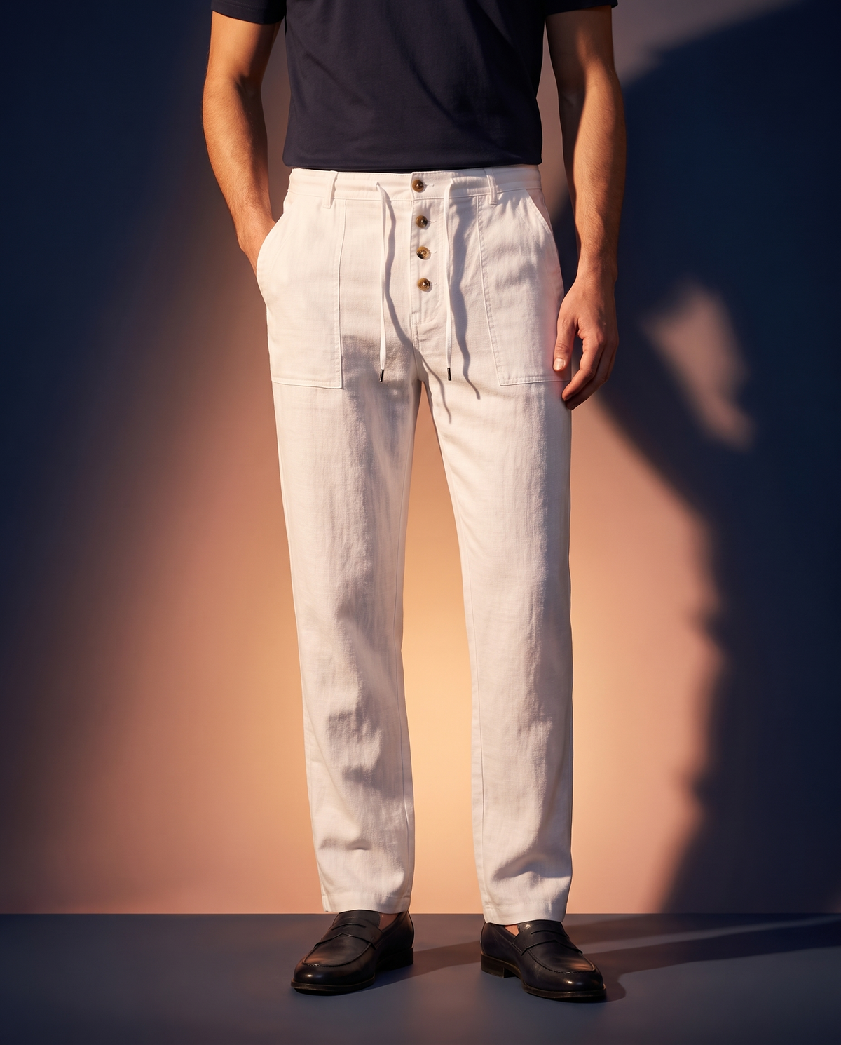 Men's Button-Detail Linen Pants in White on model, going out pants