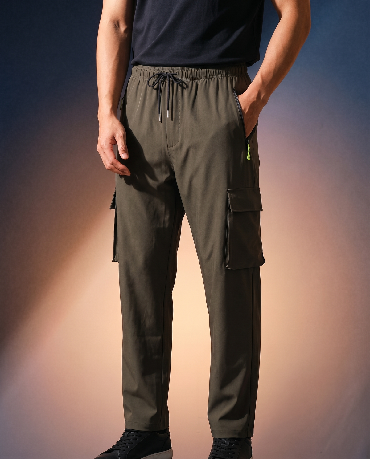 Men's Straight-Leg Work Trousers in Army Green on model, going out pants