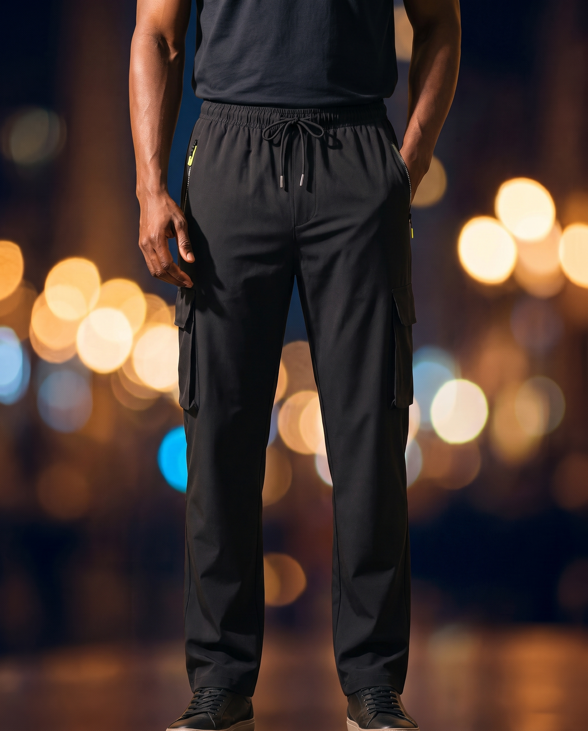 Men's Straight-Leg Work Trousers in Black on model, going out pants