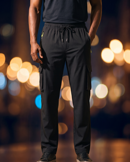 Men's Straight-Leg Work Trousers in Black on model, going out pants