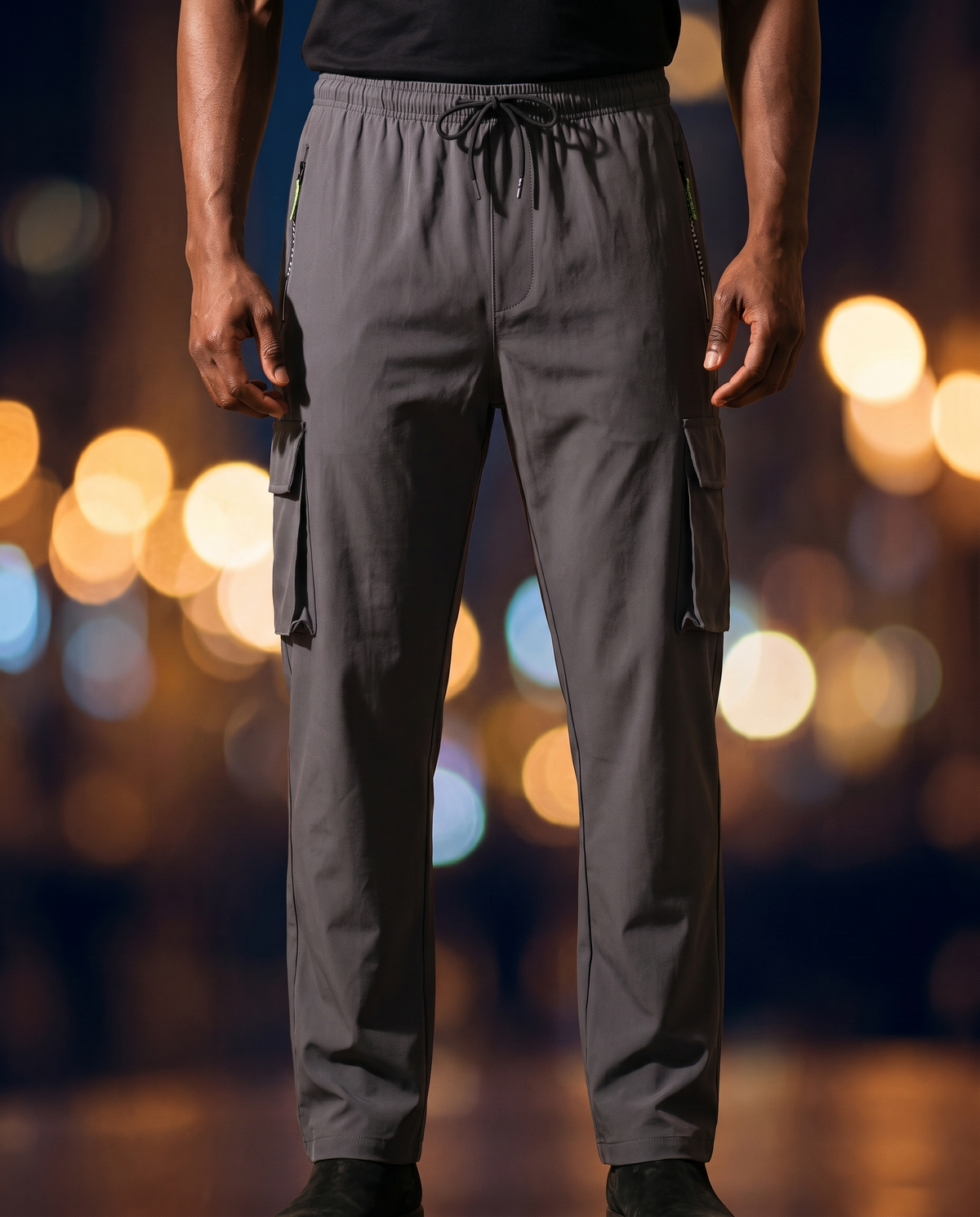 Men's Straight-Leg Work Trousers in Dark Gray on model, going out pants