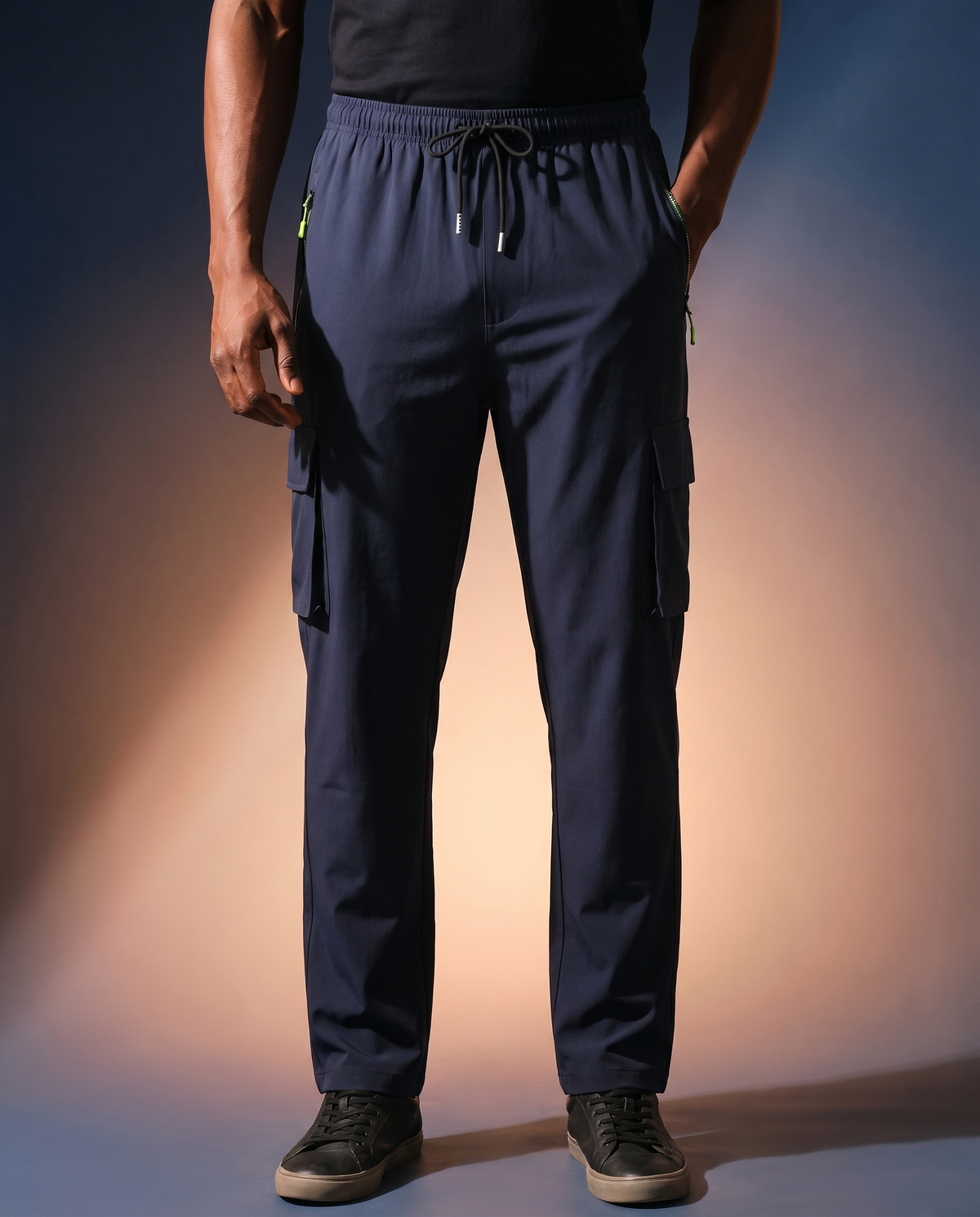 Men's Straight-Leg Work Trousers in Navy Blue on model, going out pants