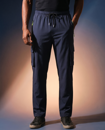 Men's Straight-Leg Work Trousers in Navy Blue on model, going out pants