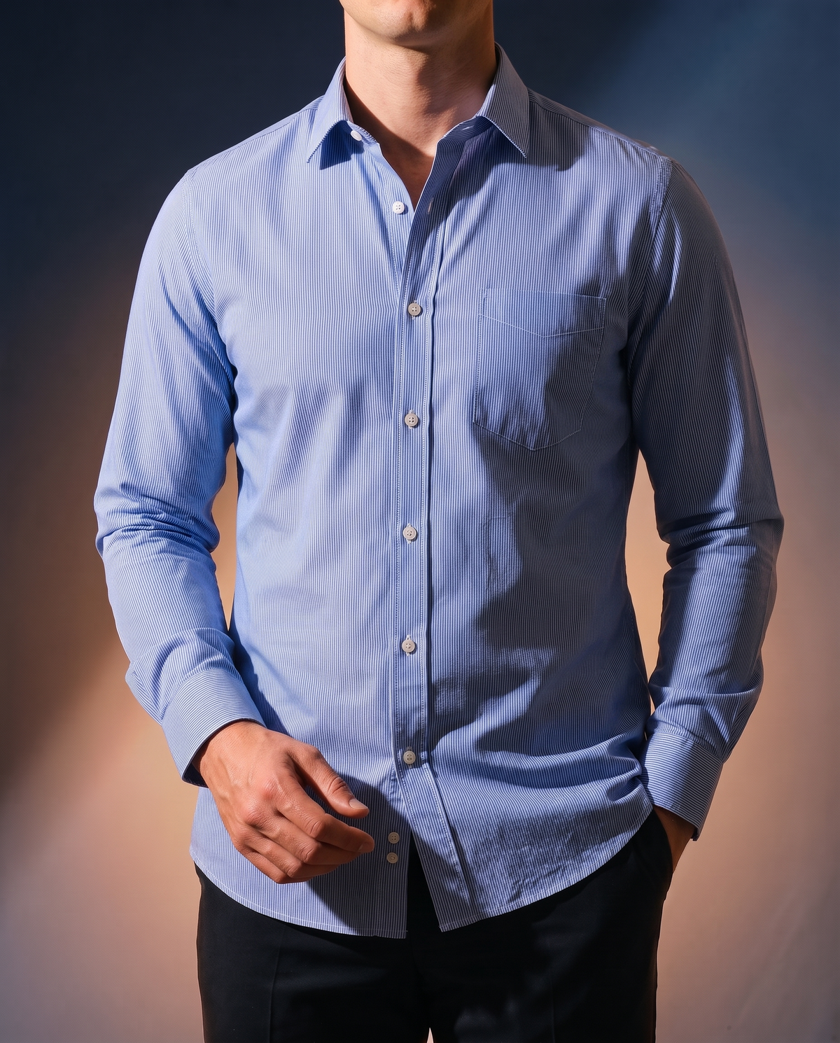 Men's Classic Cotton Button-Down in Blue Stripe on model, date night shirt