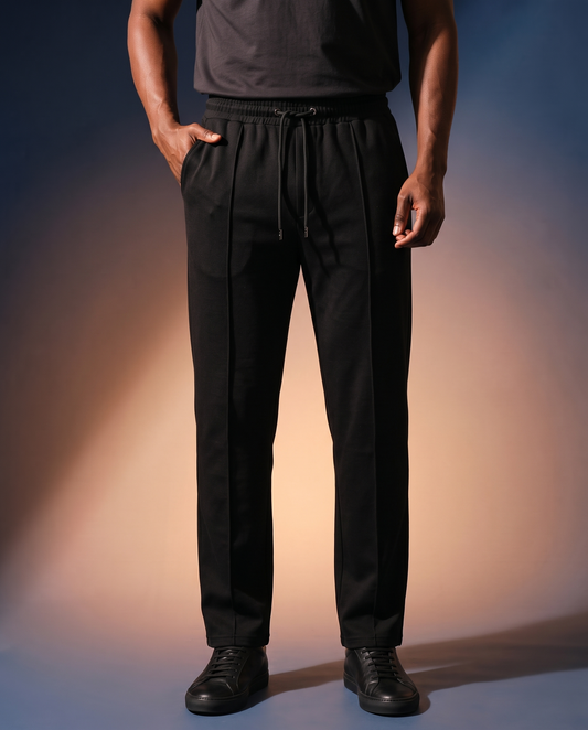 Men's Knit Straight-Leg Trousers in Black on model, going out pants
