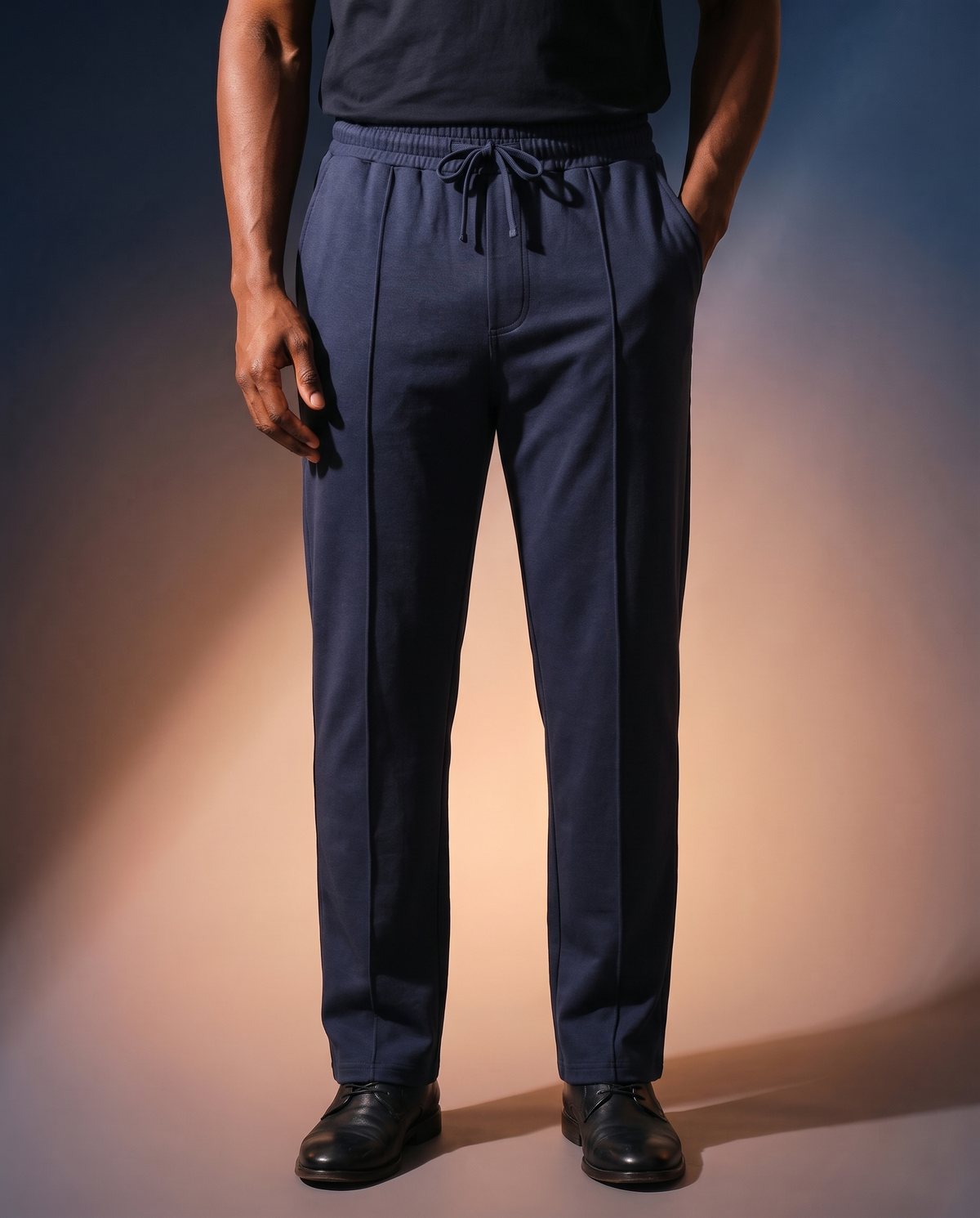 Men's Knit Straight-Leg Trousers in Navy blue on model, going out pants