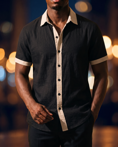 Men's Color-Block Camp Collar Shirt in Black on model, date night shirt