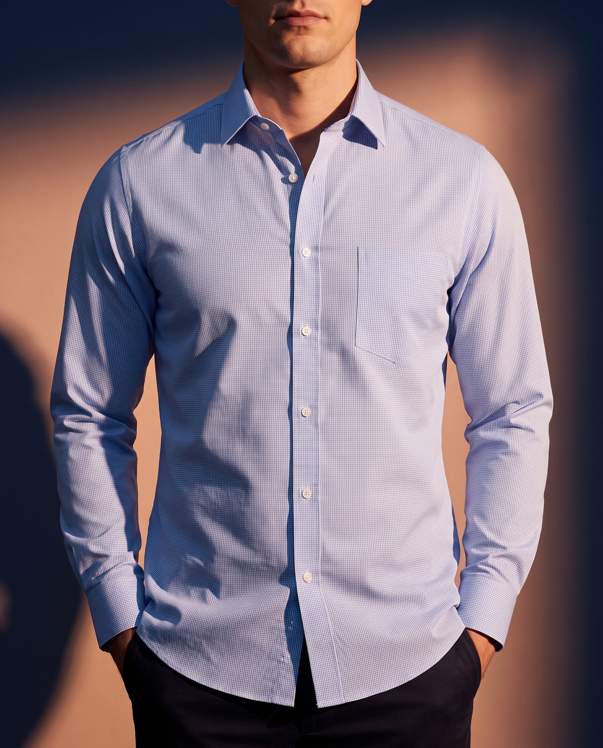 Men's Classic Cotton Button-Down in Light Blue Check on model, date night shirt