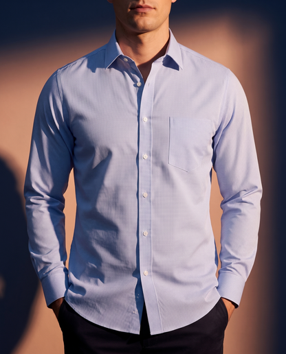 Men's Classic Cotton Button-Down in Light Blue Check on model, date night shirt