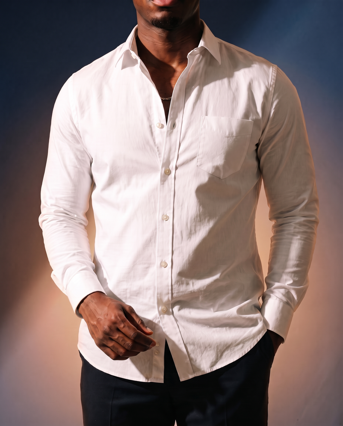 Men's Classic Cotton Button-Down in White Twill on model, date night shirt