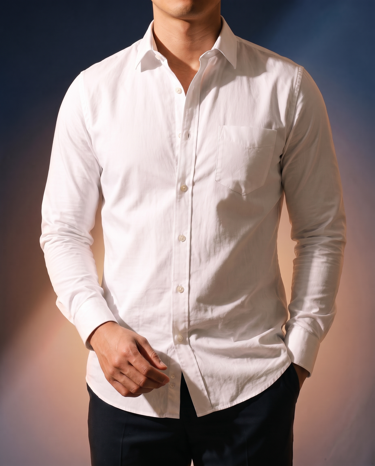 Men's Classic Cotton Button-Down in White on model, date night shirt