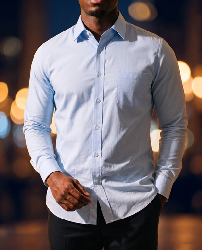 Men's Classic Cotton Button-Down in Light Blue on model, date night shirt
