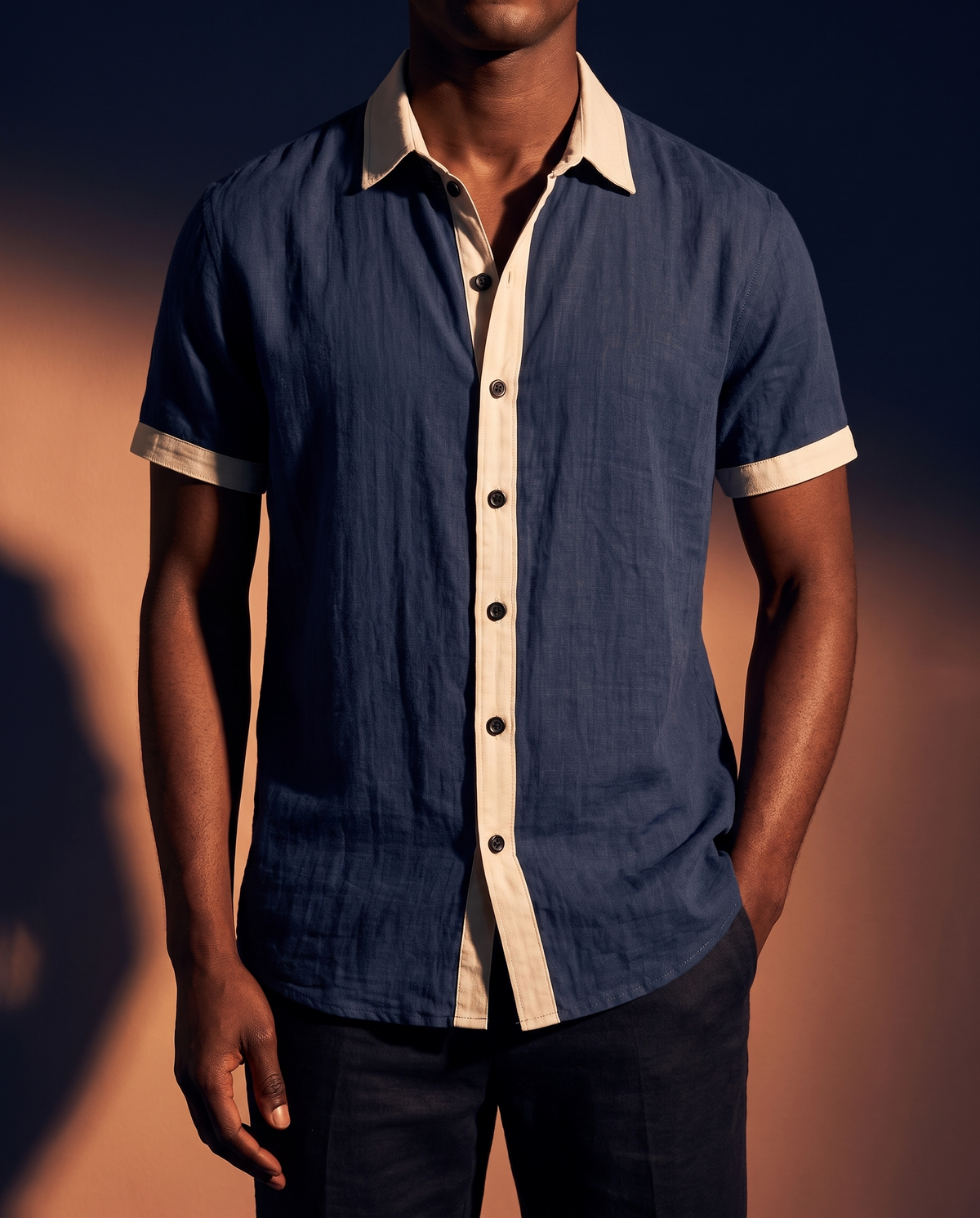 Men's Color-Block Camp Collar Shirt in Dark Blue on model, date night shirt