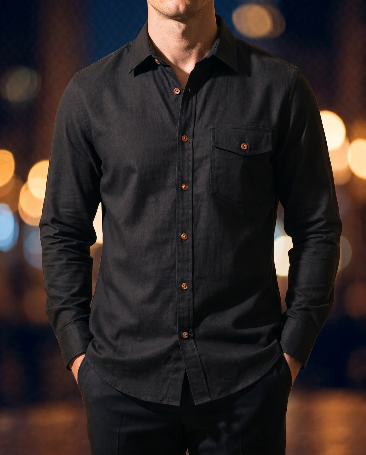 Men's Everyday Casual Shirt in Black on model, date night shirt