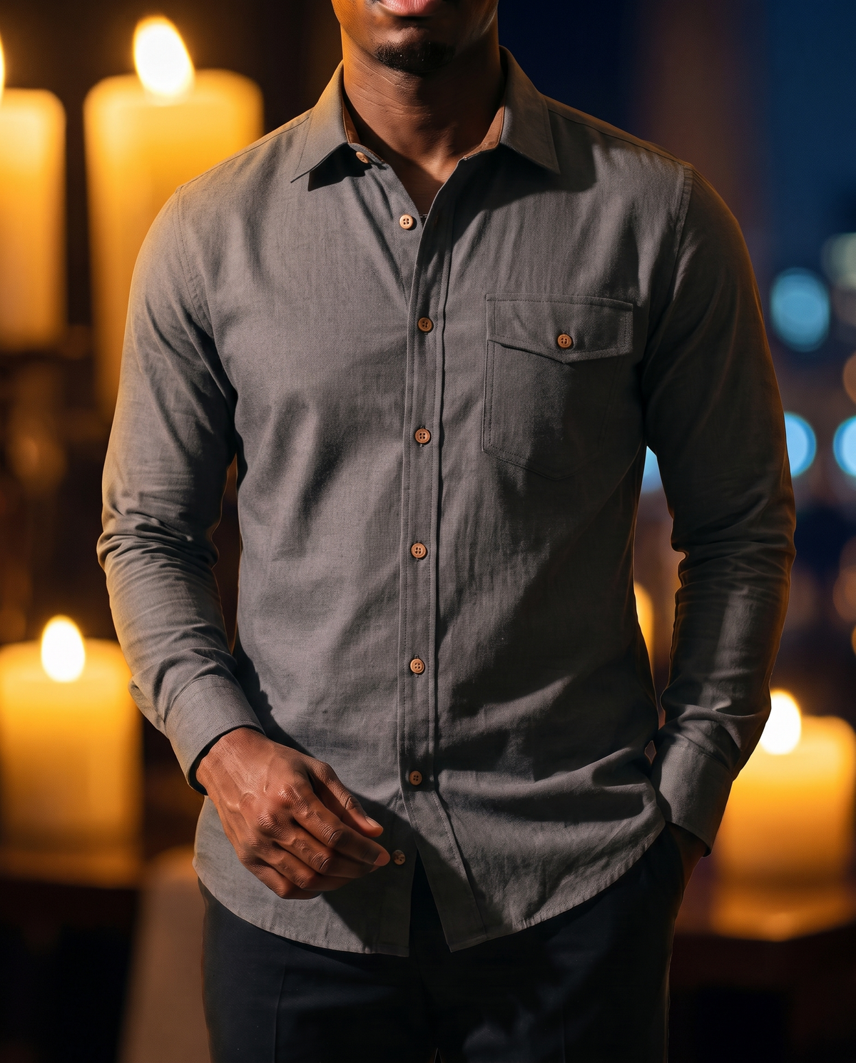 Men's Everyday Casual Shirt in Dark Gray on model, date night shirt