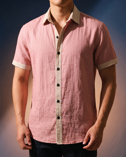 Men's Color-Block Camp Collar Shirt in Pink on model, date night shirt