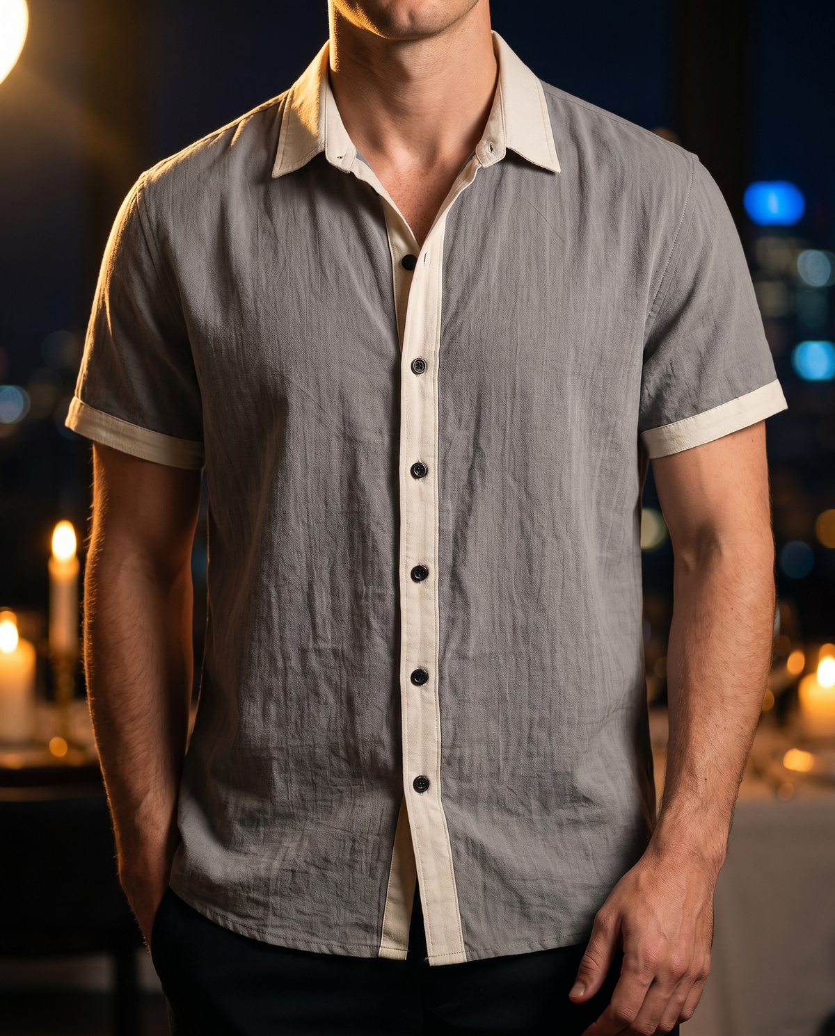 Men's Color-Block Camp Collar Shirt in Gray on model, date night shirt