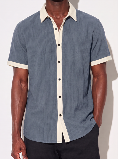 Men's Color-Block Camp Collar Shirt in Gray on model, date night shirt