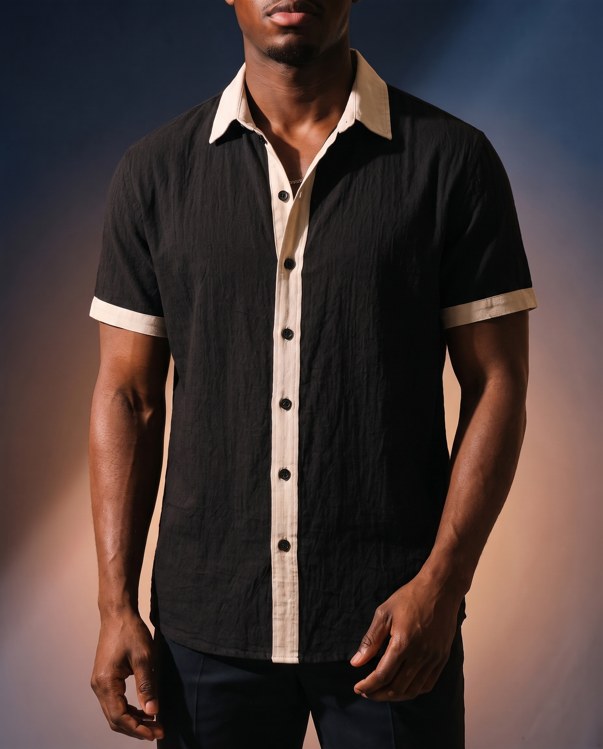 Men's Color-Block Camp Collar Shirt in Black on model, date night shirt