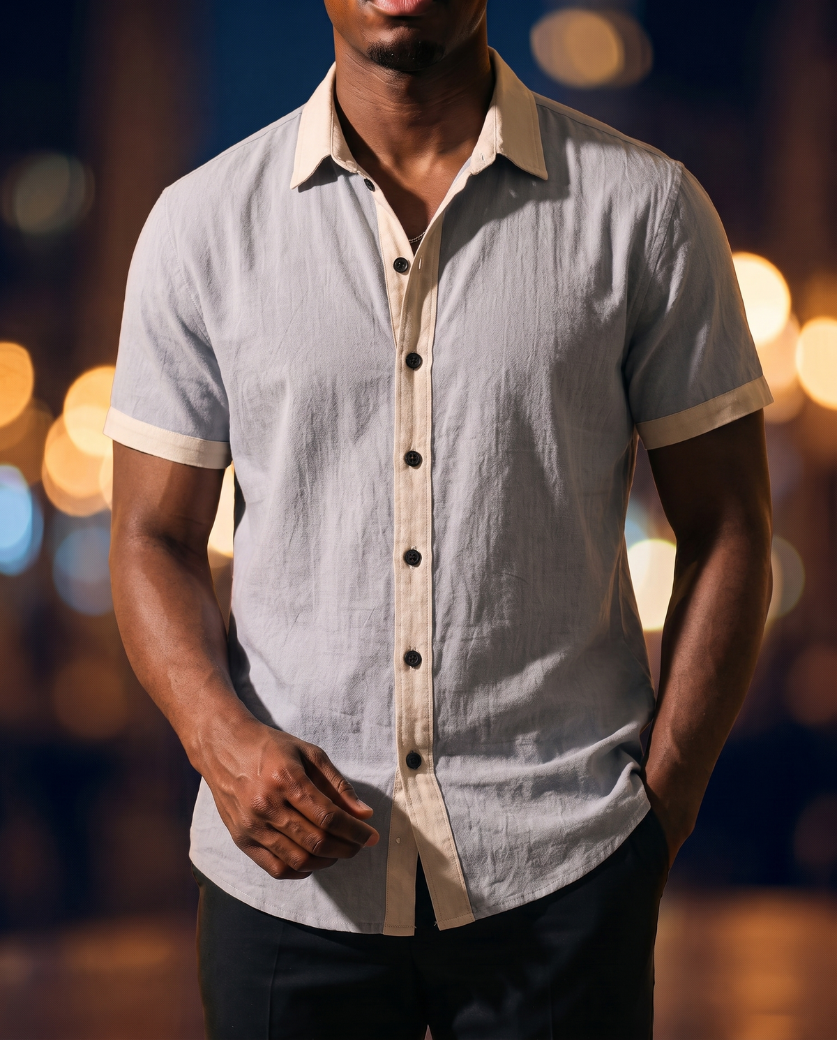 Men's Color-Block Camp Collar Shirt in Light Gray on model, date night shirt