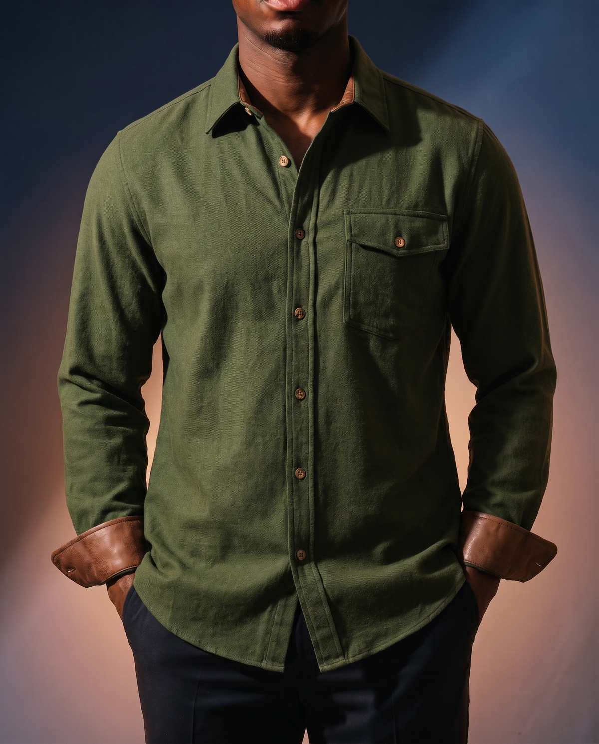 Men's Everyday Casual Shirt in Army Green on model, date night shirt