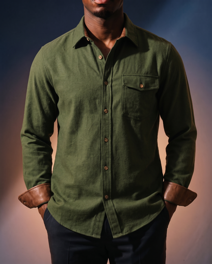 Men's Everyday Casual Shirt in Army Green on model, date night shirt