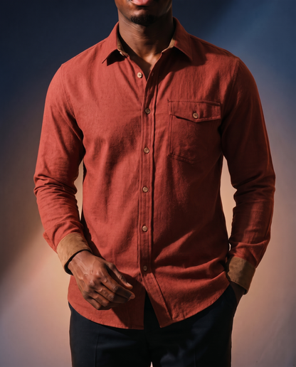 Men's Everyday Casual Shirt in Brick Red on model, date night shirt
