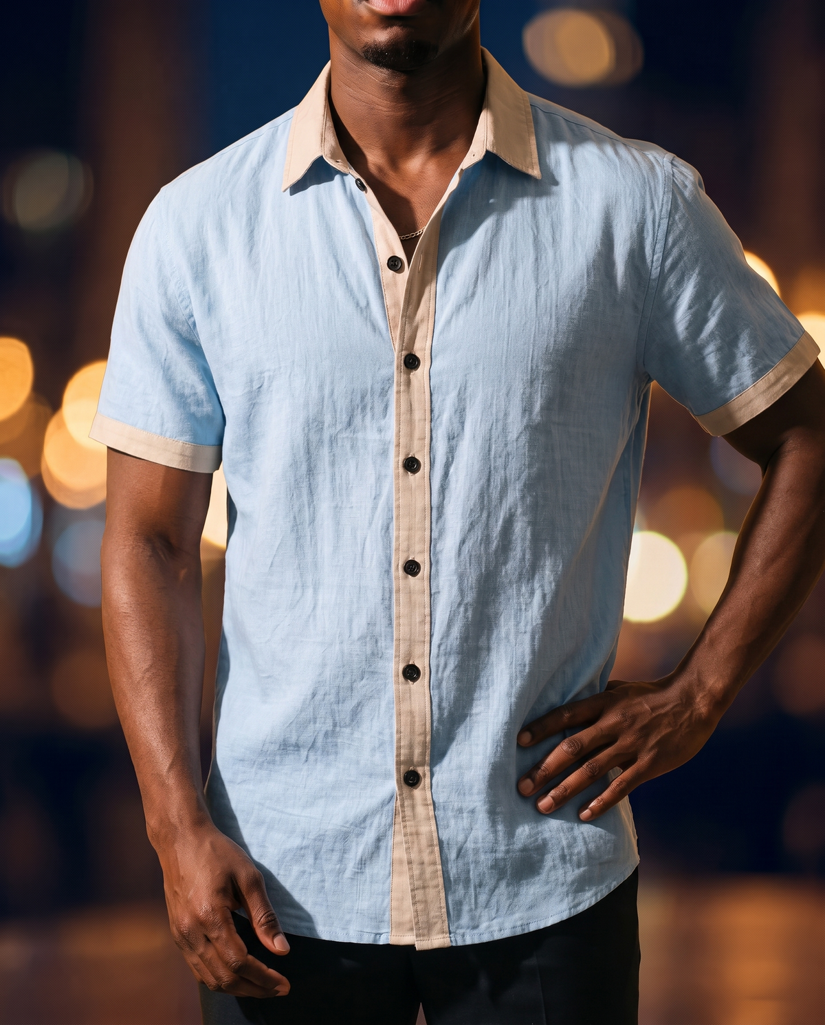 Men's Color-Block Camp Collar Shirt in Sky Blue on model, date night shirt