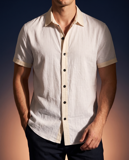 Men's Color-Block Camp Collar Shirt in White on model, date night shirt